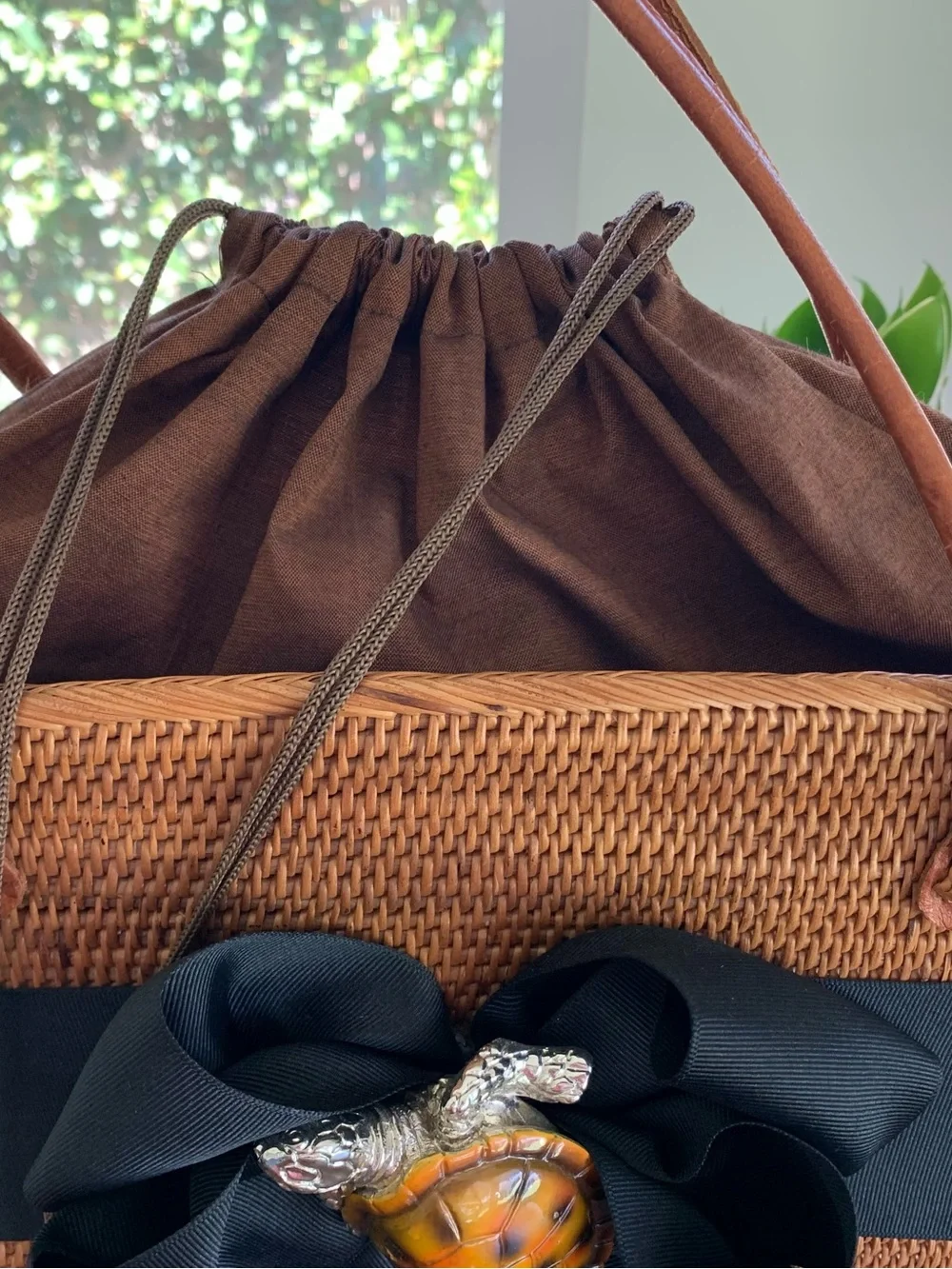Woven Straw Tote with Black Bow and Turtle Accent